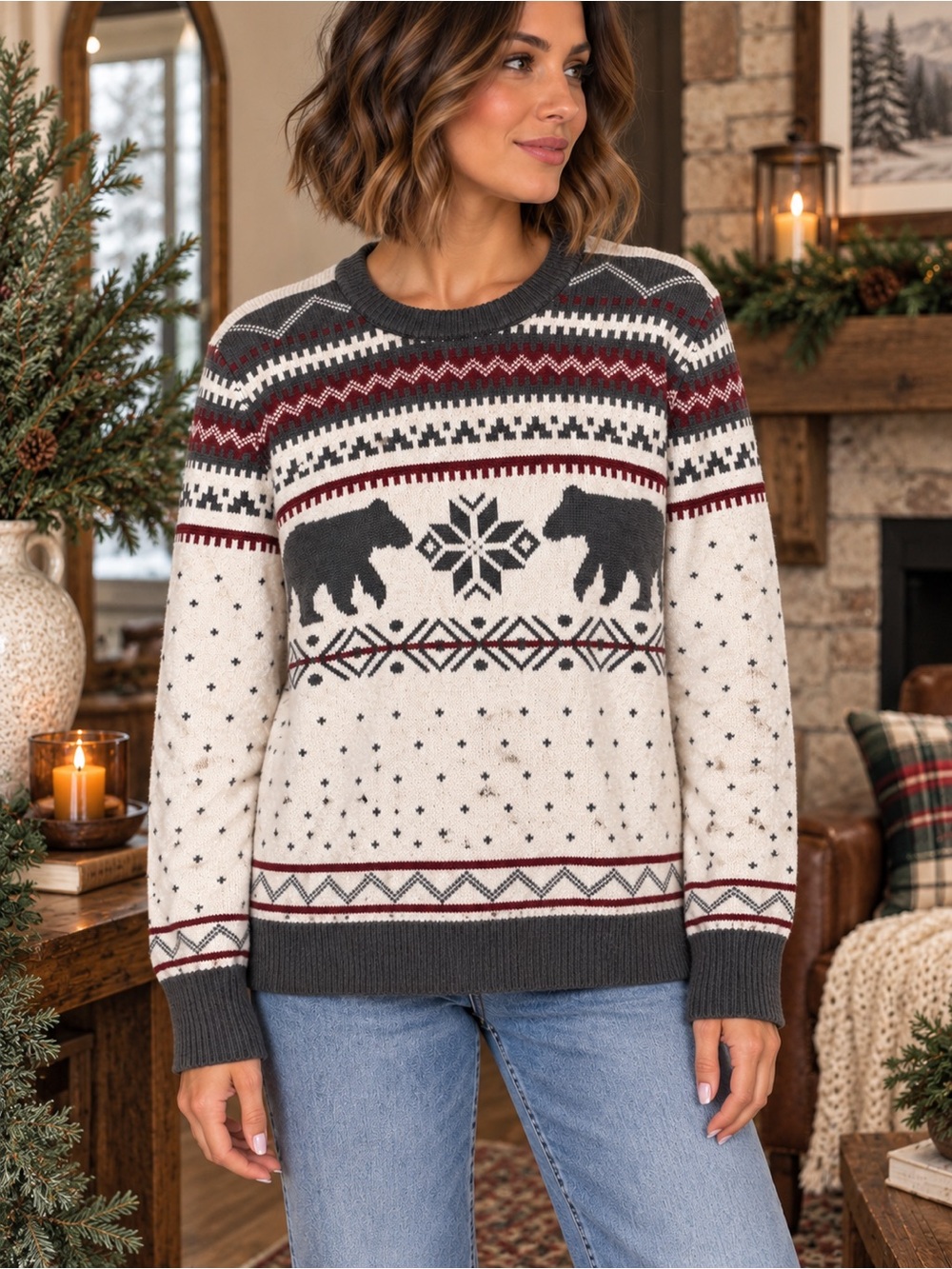 Lands’ End Fair Isle Buffalo Sweater Women’s M Cotton Crewneck Holiday #936
